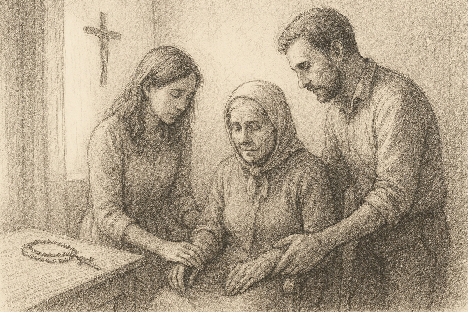 A Catholic family gently caring for an elderly parent in a reverent home setting