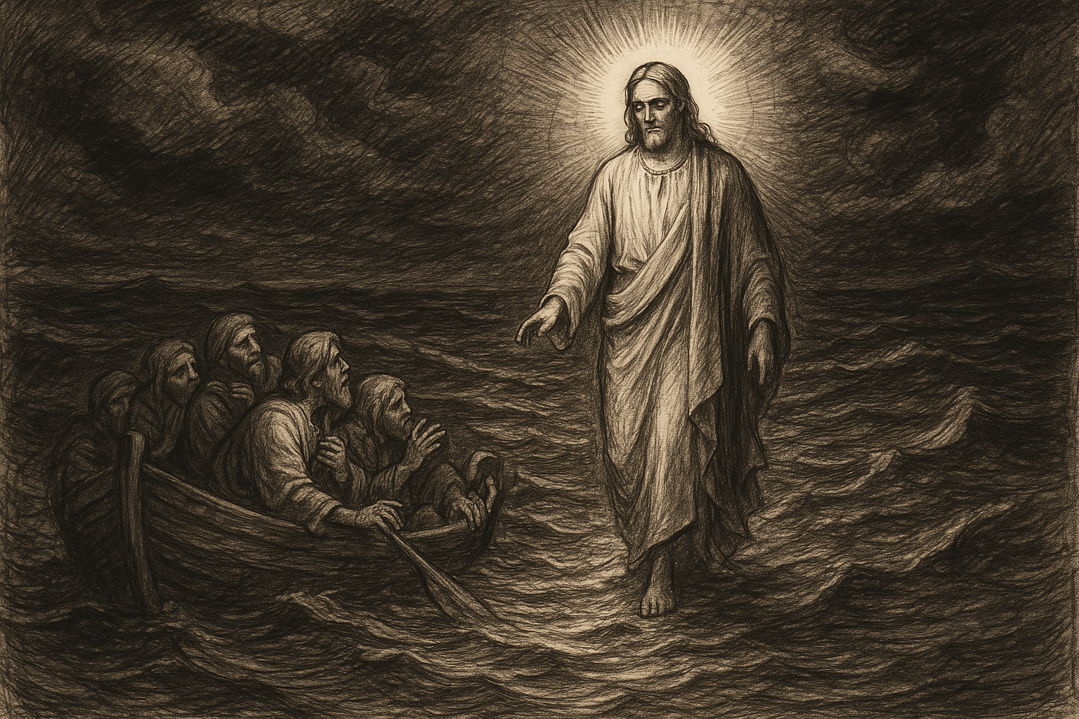Jesus walking on the water toward the disciples' boat in a storm at night
