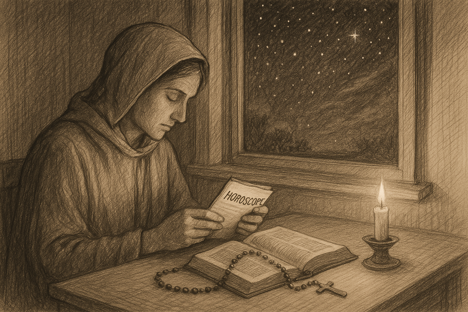 Sketch-style Catholic scene of prayer, Scripture, and a horoscope booklet set aside under a starry night sky