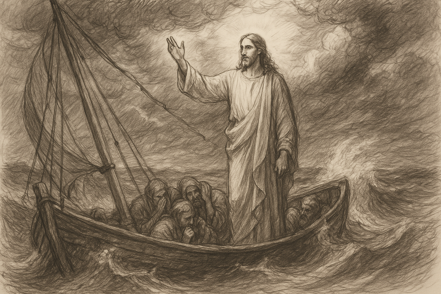 Jesus calming the storm in a fishing boat with frightened disciples