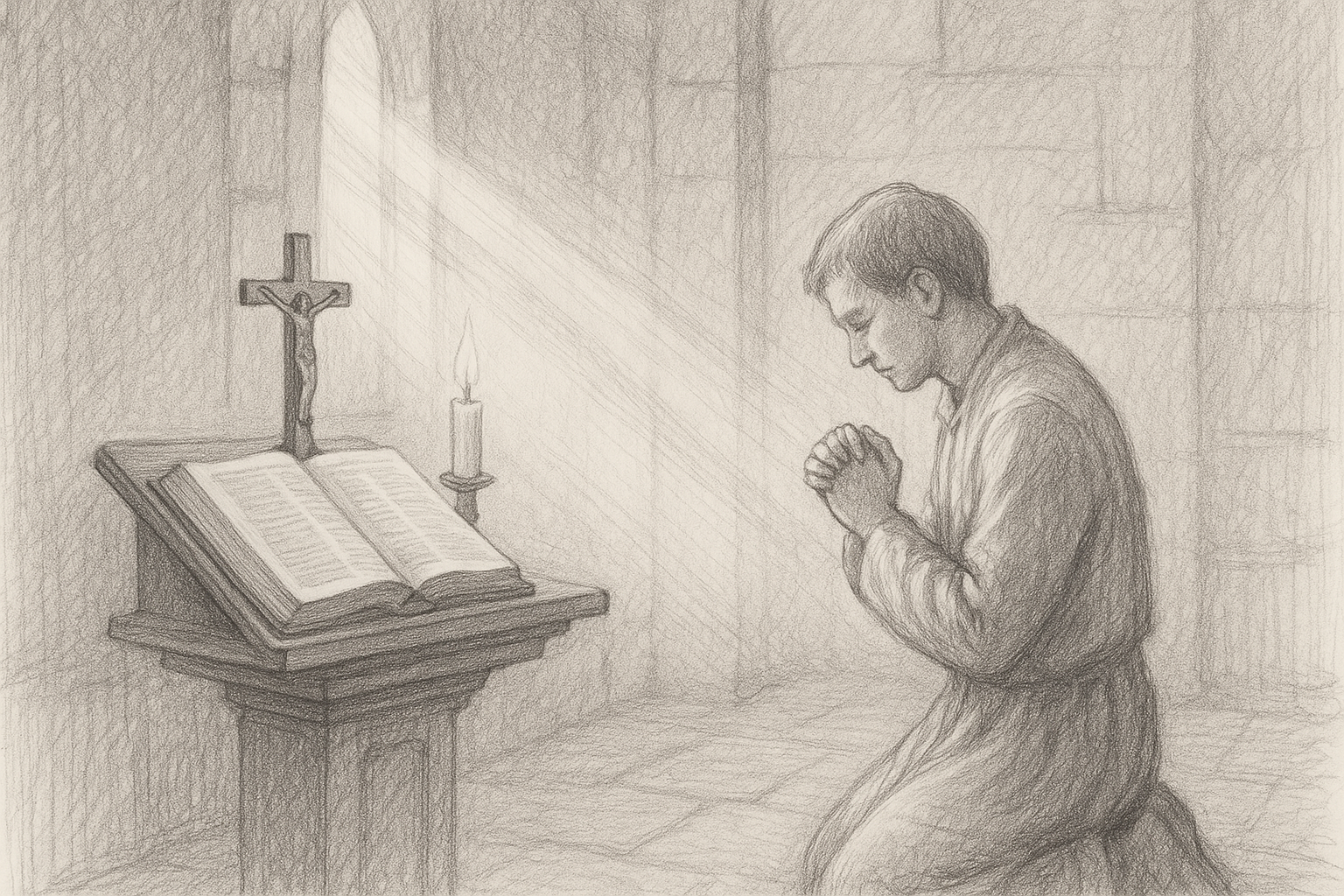A Catholic kneeling in prayer beside an open Bible and candle in a quiet chapel