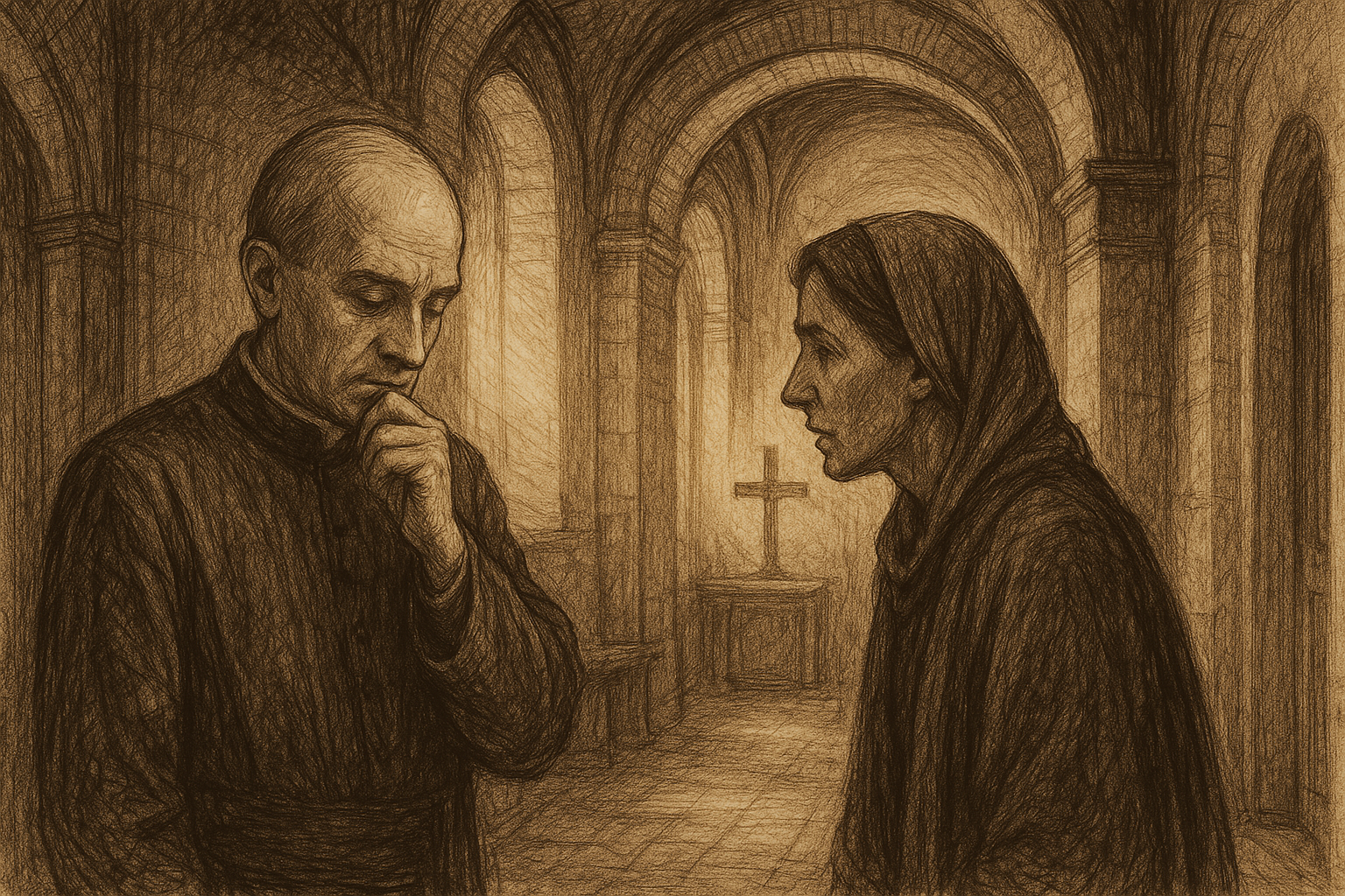 Reverent sketch of two parishioners speaking quietly in a church hallway under soft sacred light
