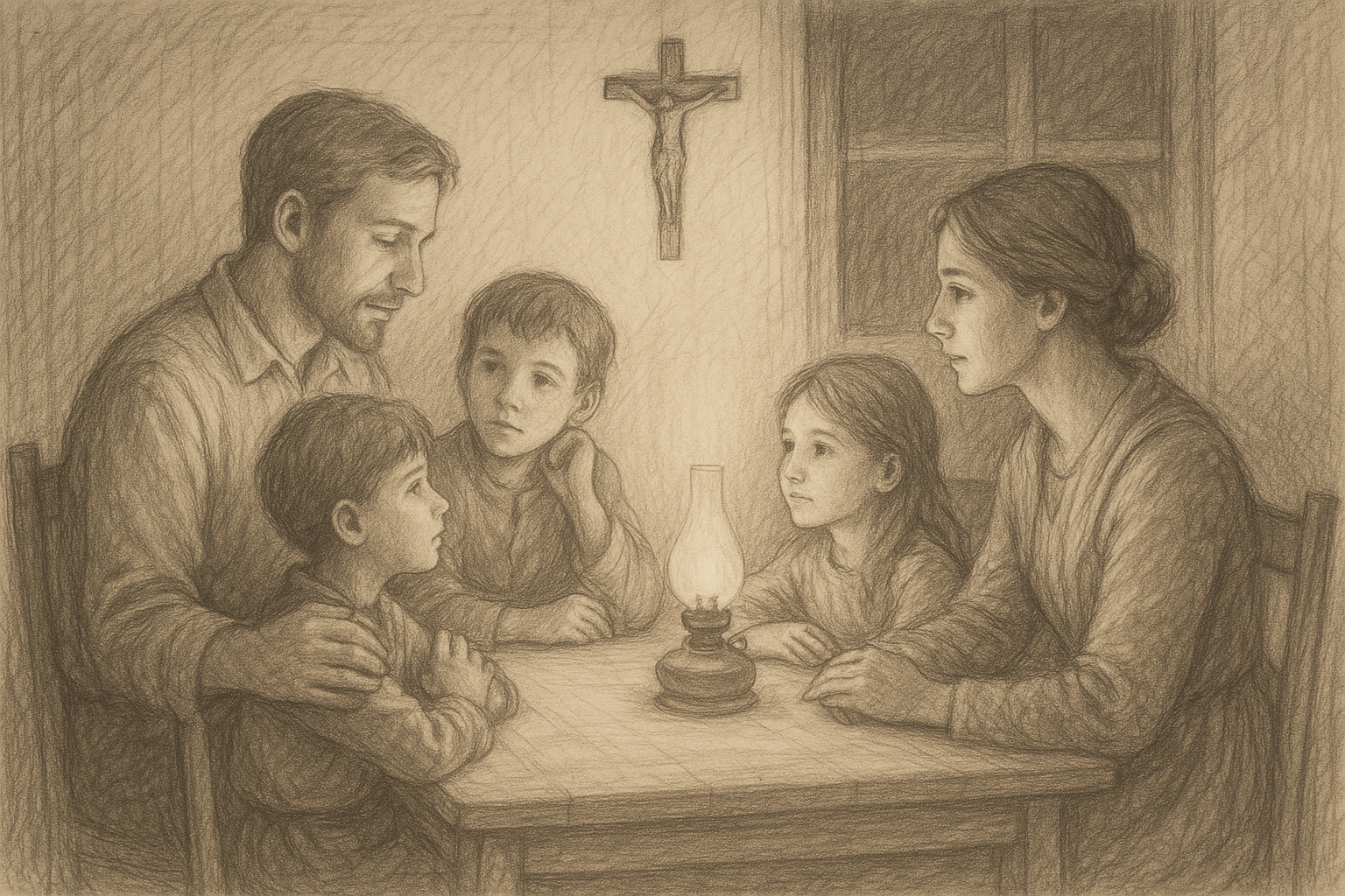 Catholic family gathered around a table in a reverent sketch-style scene