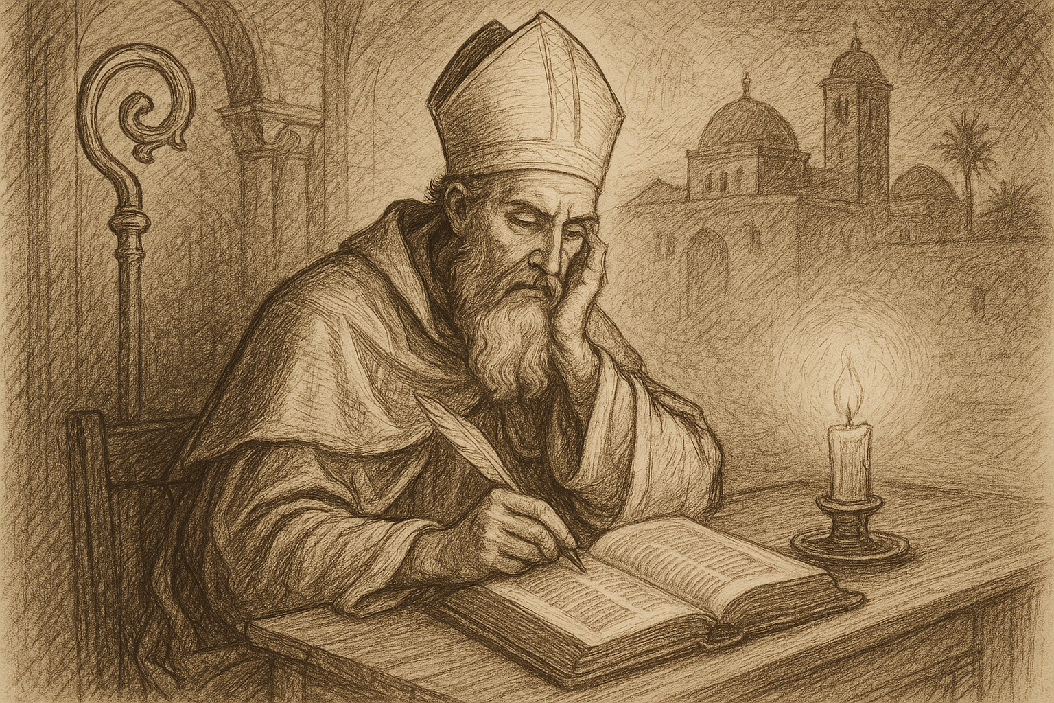 Sketch-style image of St. Augustine writing in prayerful contemplation