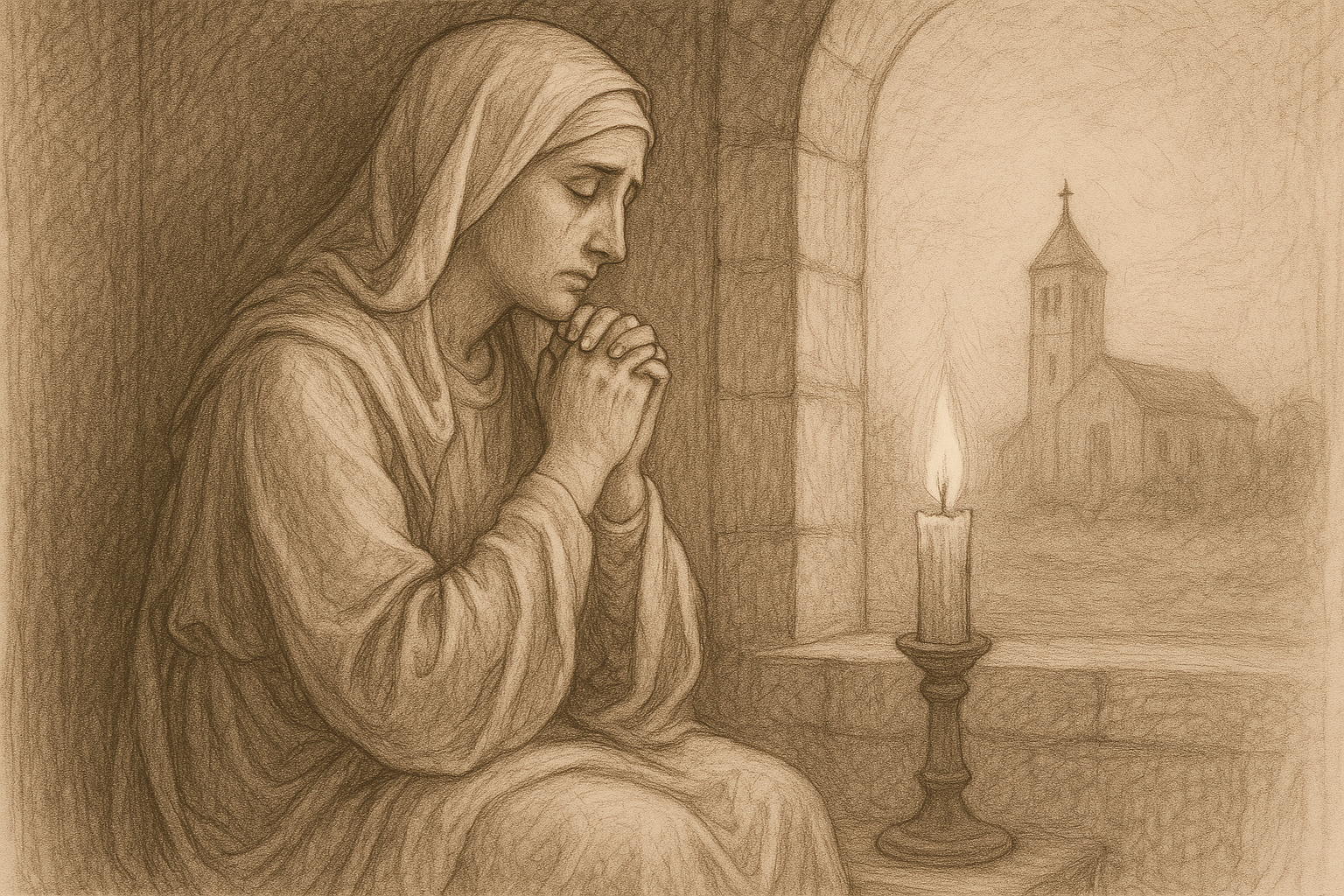 Reverent sketch of St. Monica praying in a sacred, candlelit setting