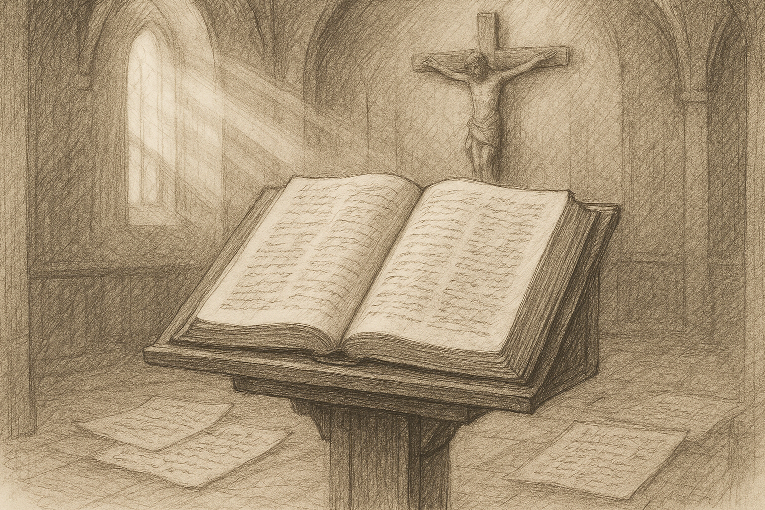 Sketch-style image of an open Catholic Bible on a lectern in a chapel with a crucifix in the background