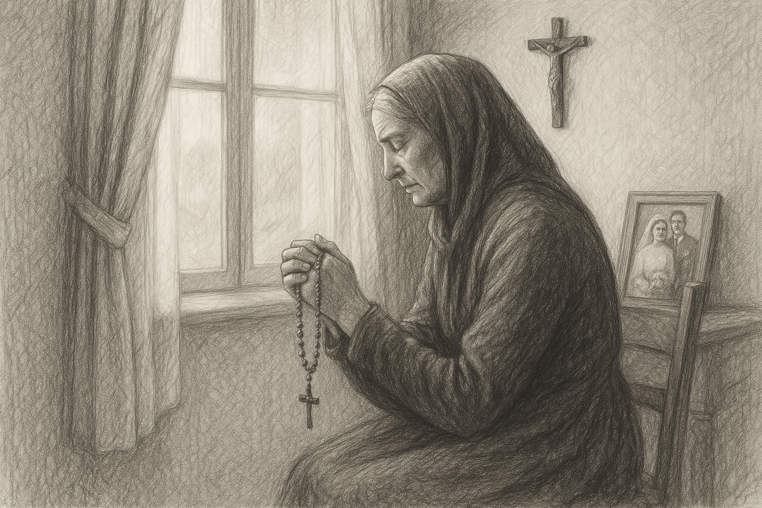A widowed person praying quietly beside a window with a rosary, crucifix, and framed photograph, rendered in a reverent sketch style.