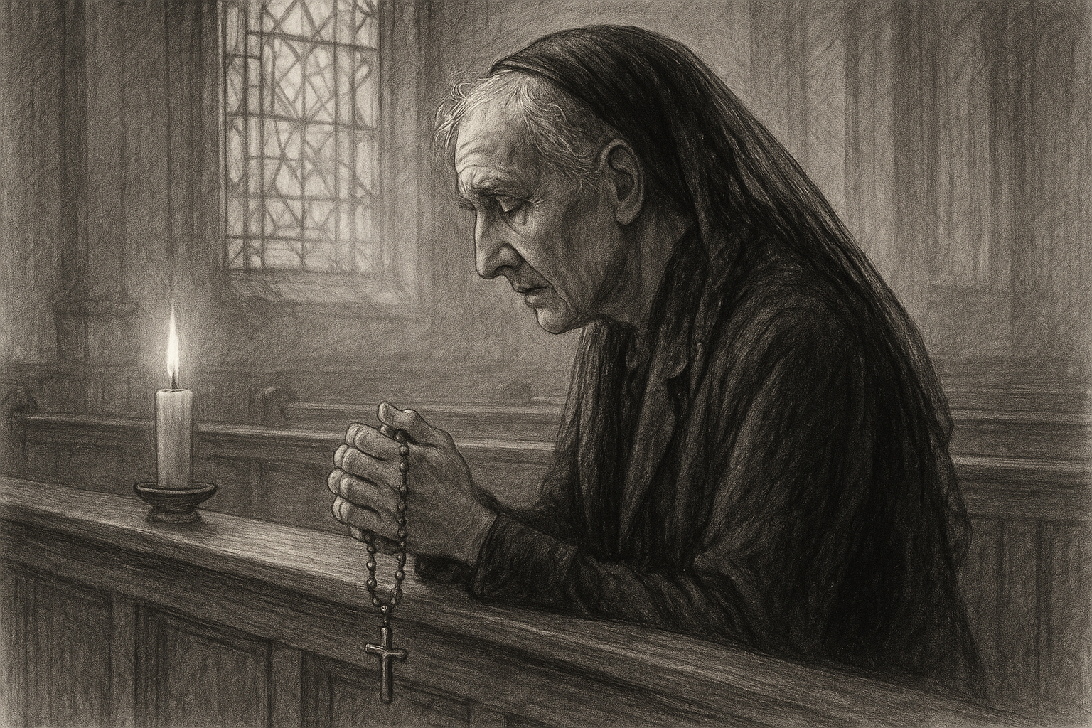 A Catholic widow or widower praying quietly in a church with a candle and rosary, reflecting hope amid grief