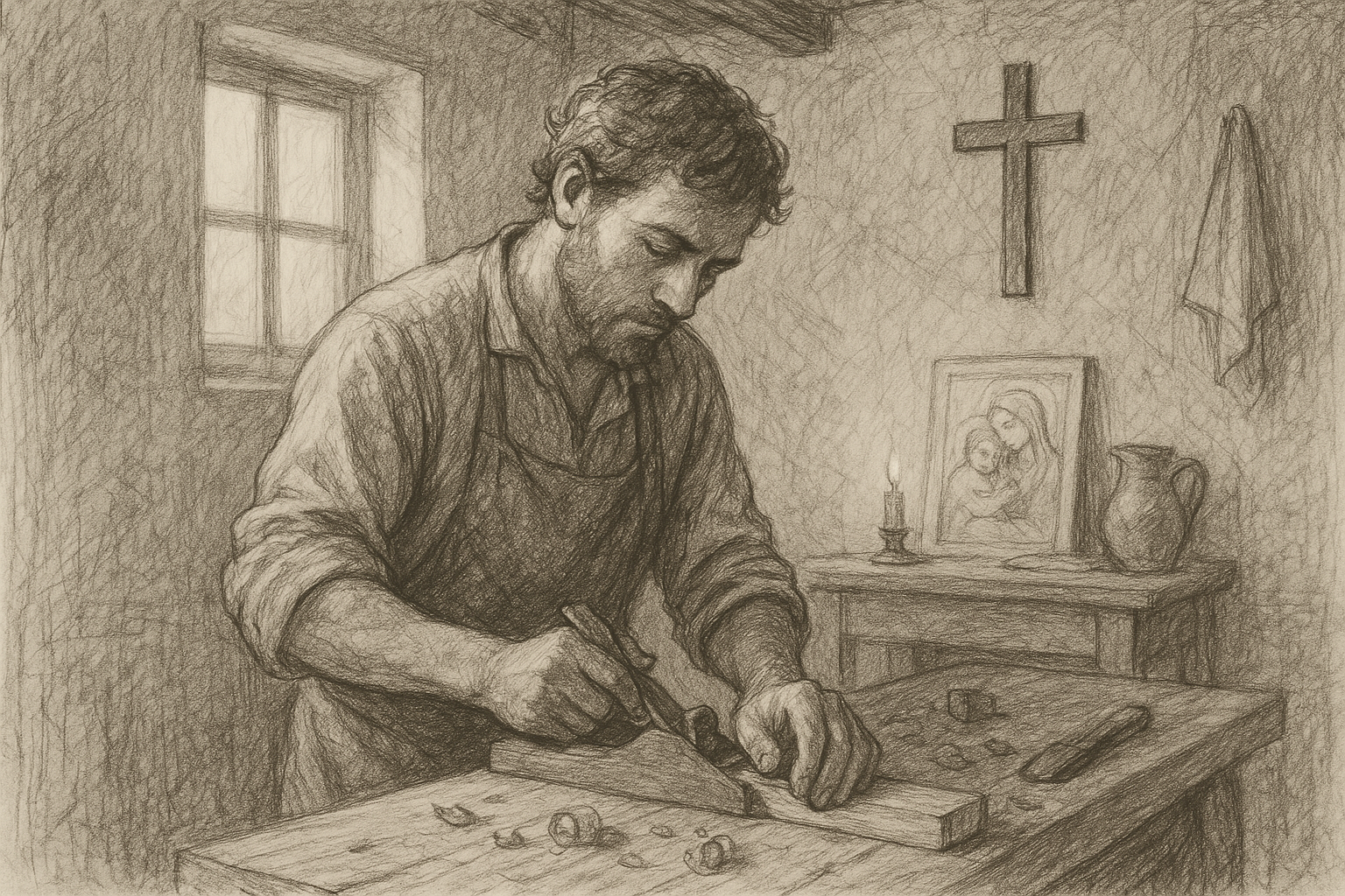 Reverent sketch of a Catholic worker in quiet labor with soft dawn light and a simple cross