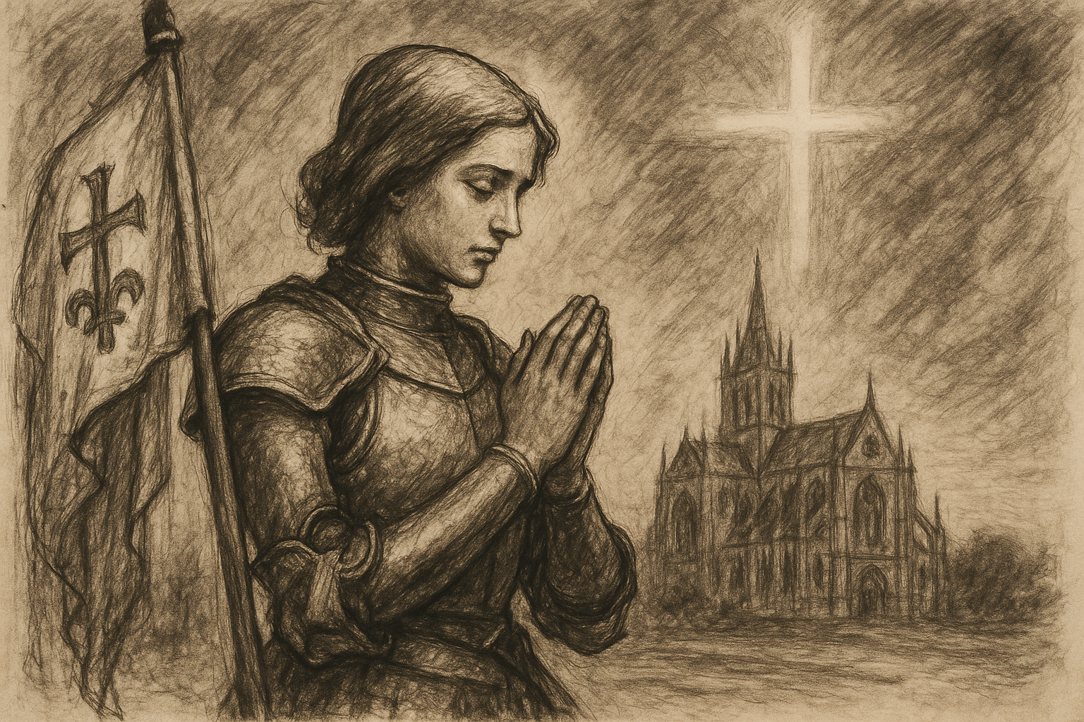 Sketch-style reverent depiction of St. Joan of Arc in prayerful armor before a cathedral