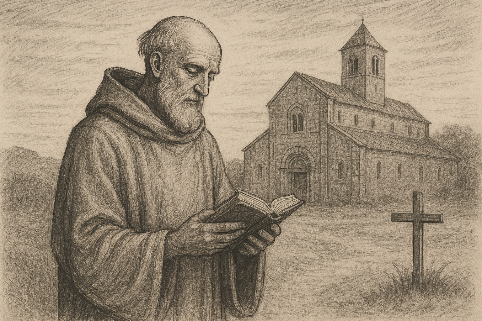 Sketch-style image of St. Benedict in monastic habit with a prayer book before an abbey at dawn
