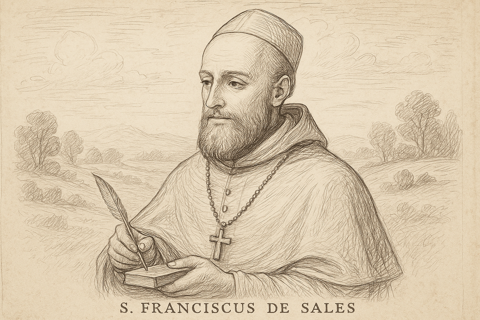 Sketch-style portrait of St. Francis de Sales with a pen and book in bishop's vestments