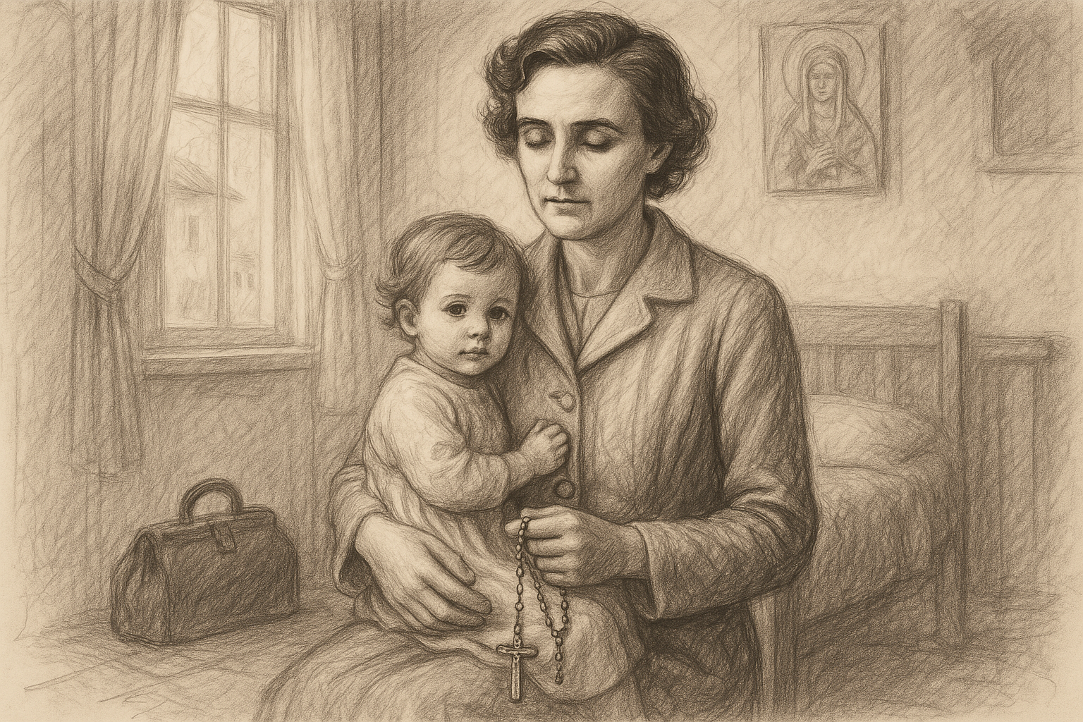 Sketch-style image of St. Gianna Beretta Molla as a Catholic physician and mother in a reverent home setting