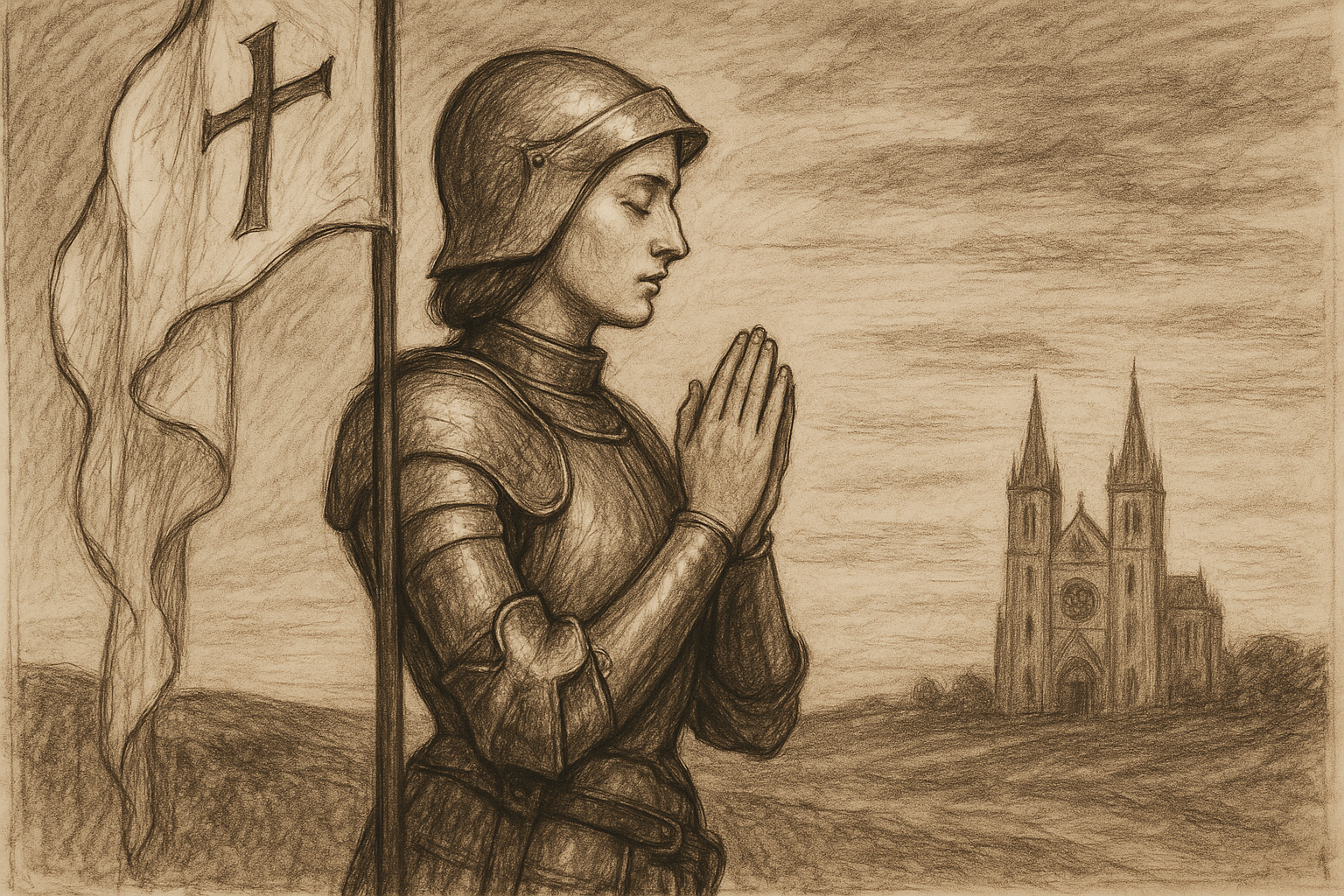 Sketch-style image of St. Joan of Arc praying in medieval armor with a banner before a cathedral