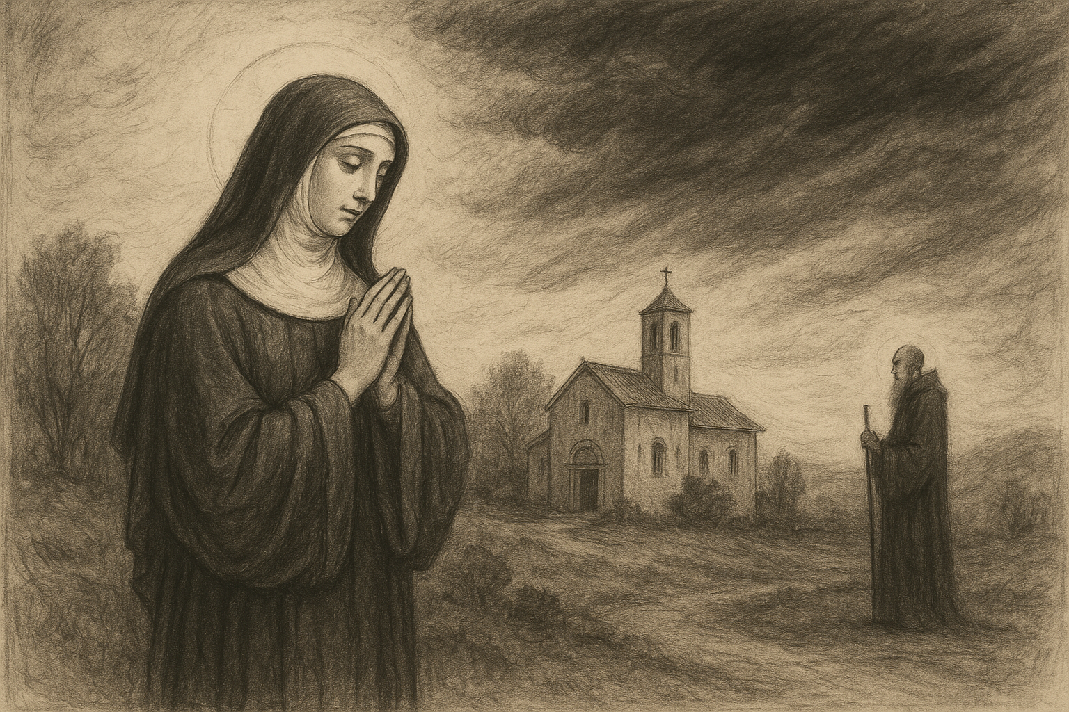 Sketch-style image of St. Scholastica in prayer near a monastery with St. Benedict and a gathering storm