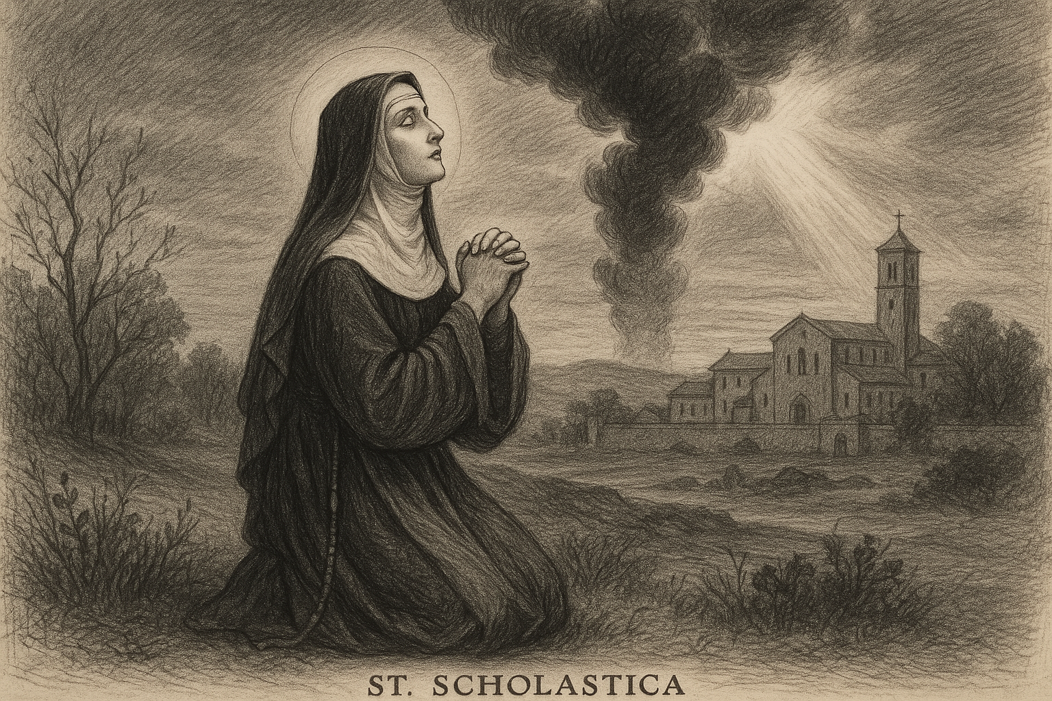 Sketch-style devotional image of St. Scholastica praying near a monastery as a storm rises in answer to her prayer