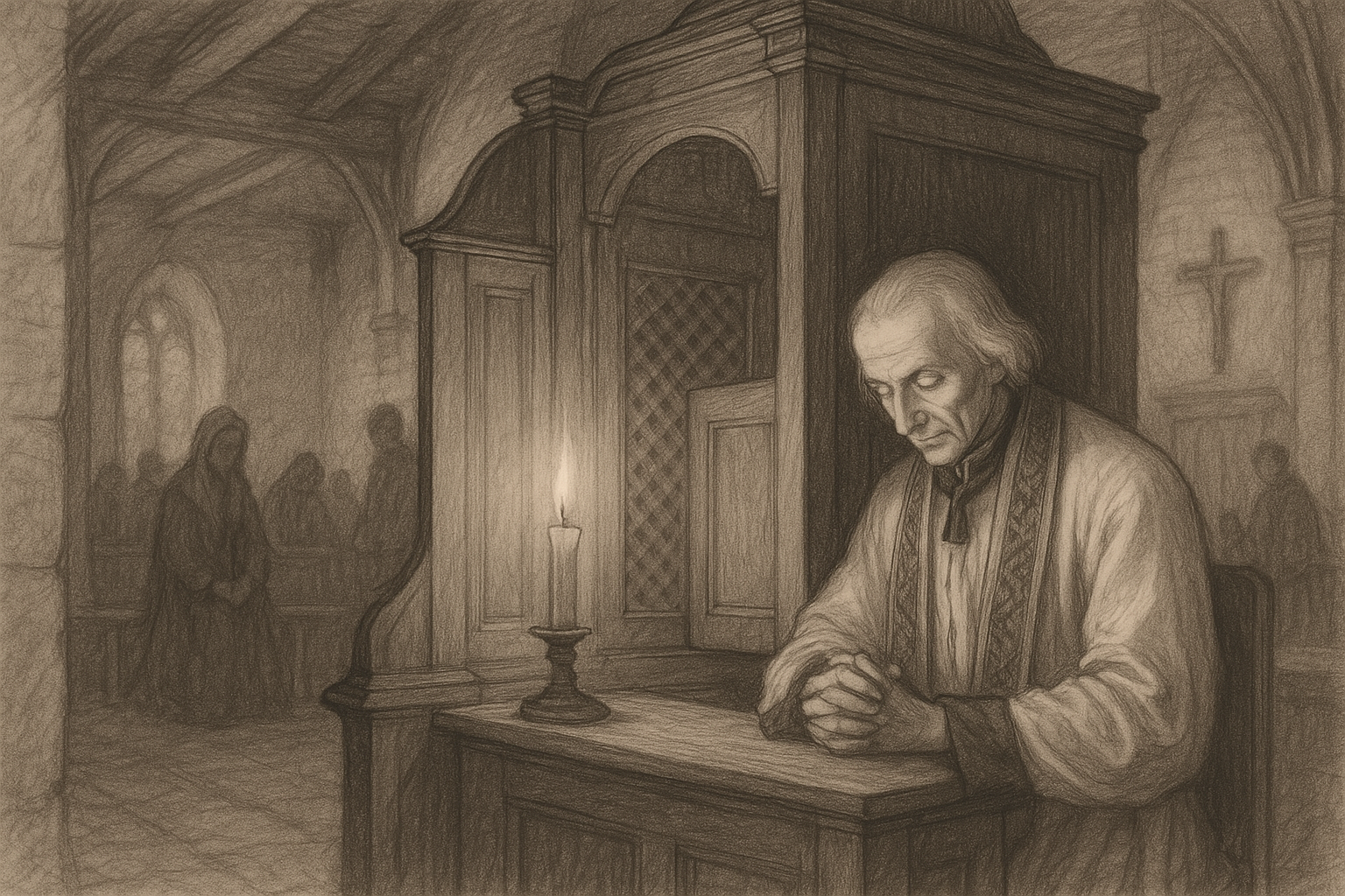 Sketch-style image of St. John Vianney praying in a modest parish church