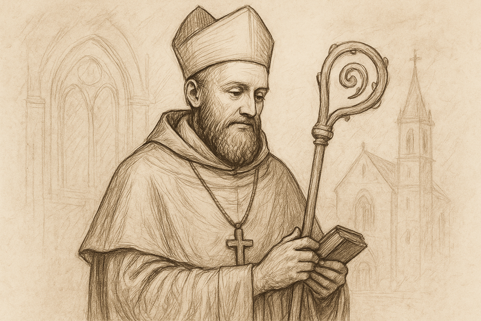 Sketch-style depiction of St. Francis de Sales in bishop's vestments holding a book and staff