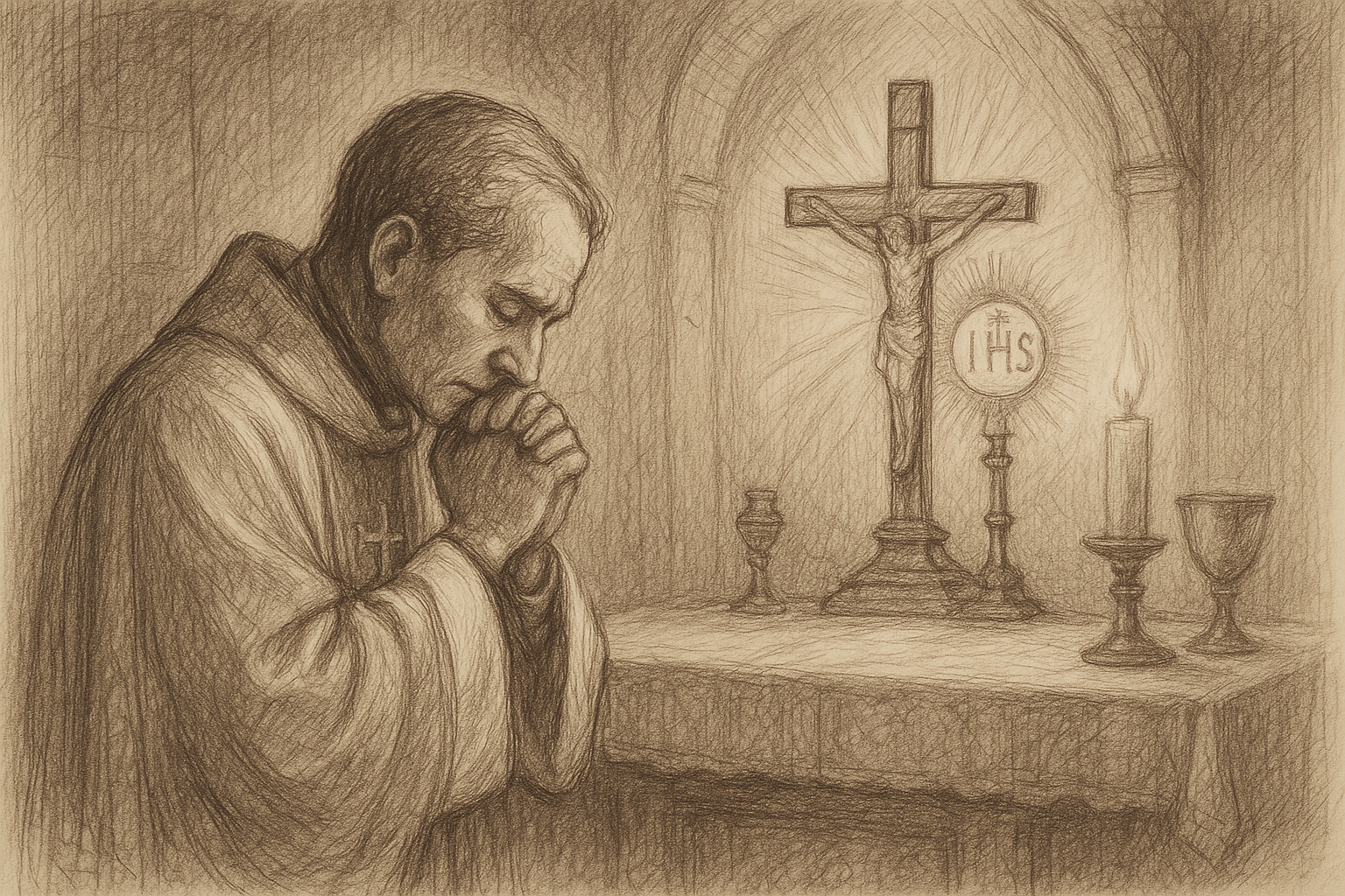 A Catholic priest praying reverently before the altar in a sacred chapel