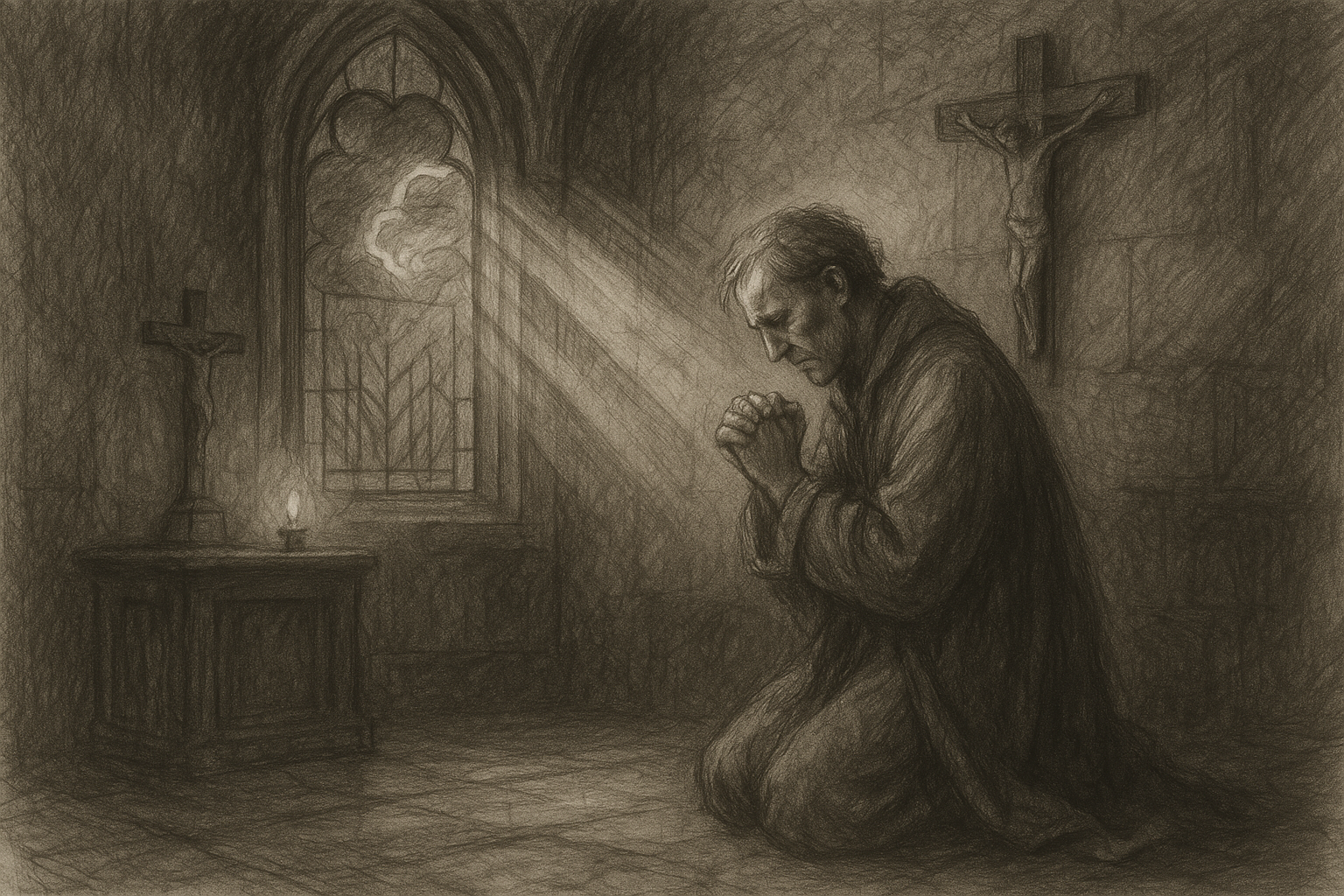 A reverent sketch of a Catholic praying in a chapel while seeking peace from anger
