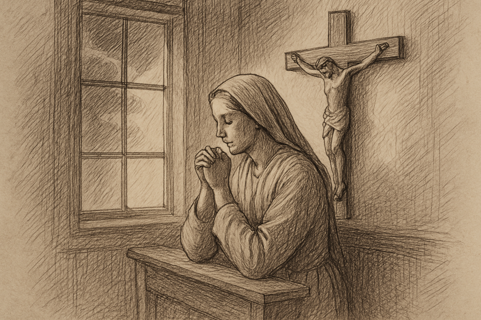 A Catholic person in prayer beside a crucifix, reflecting on anger and peace