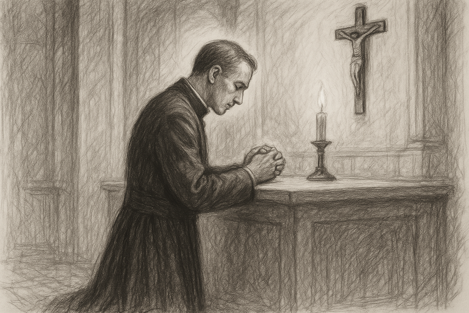 Sketch-style image of a Catholic priest kneeling in prayer before a crucifix and candles