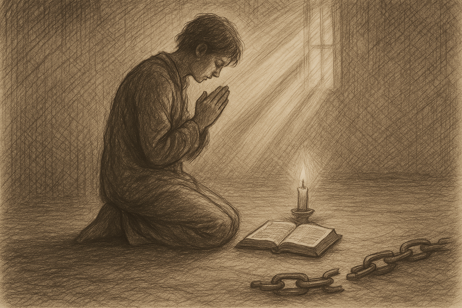 A reverent sketch of a person in prayer beside an open Bible and candle, symbolizing healing and freedom from pornography