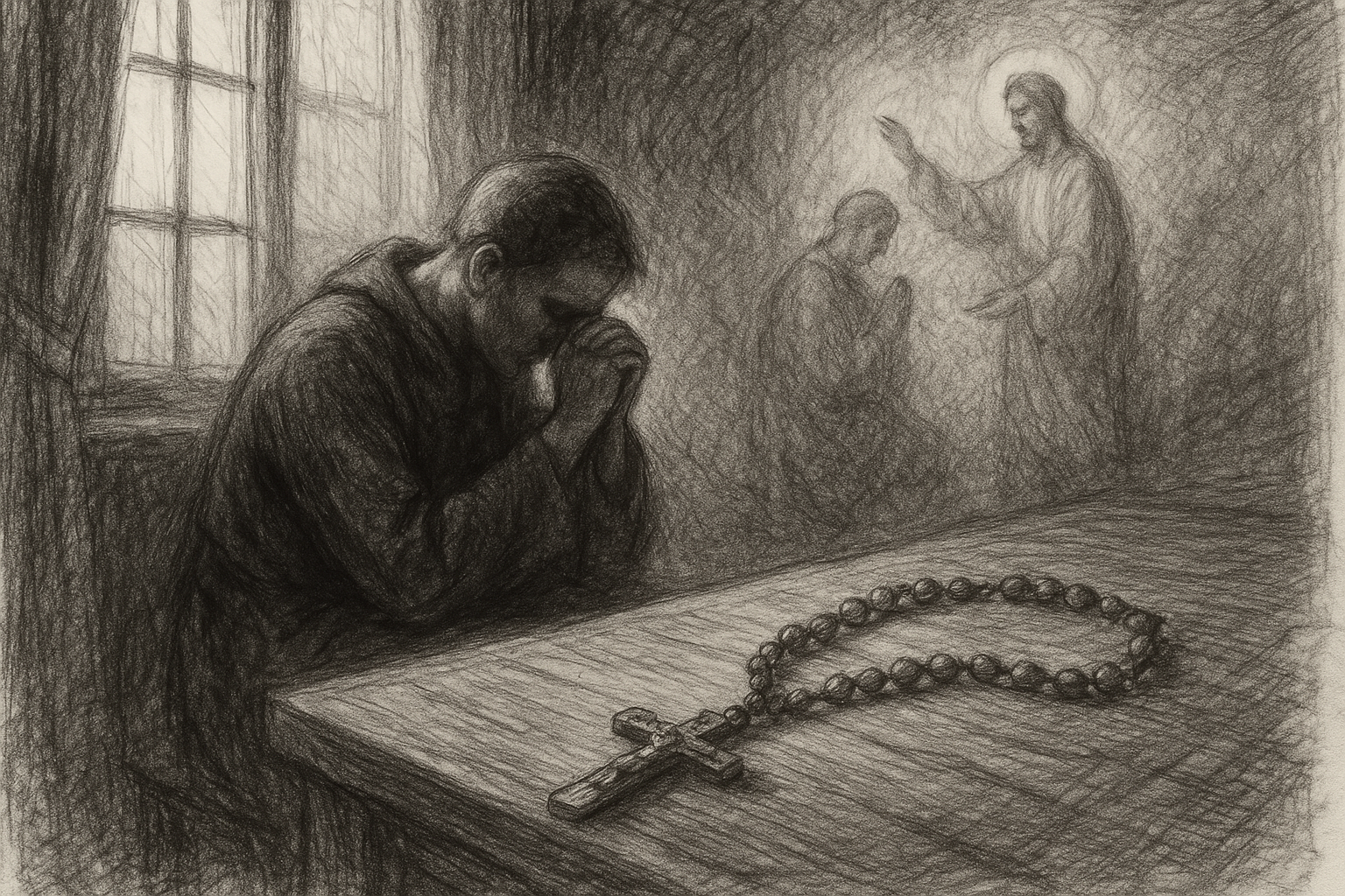 Sketch-style image of a Catholic person praying through the struggle of envy with a rosary and soft sacred light