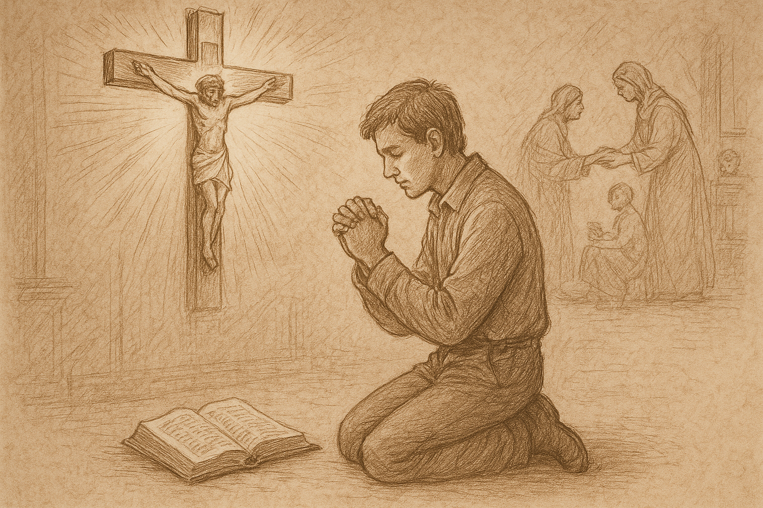 A reverent sketch of a Catholic believer kneeling before a crucifix with an open Bible nearby