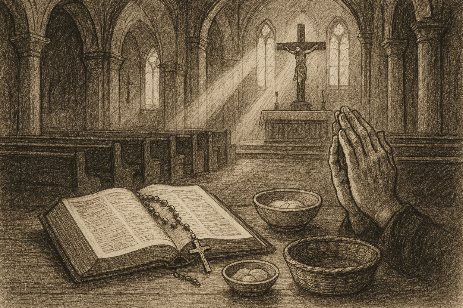 Reverent sketch of an open Bible, rosary, praying hands, and symbols of Eucharist and charity in a Catholic church