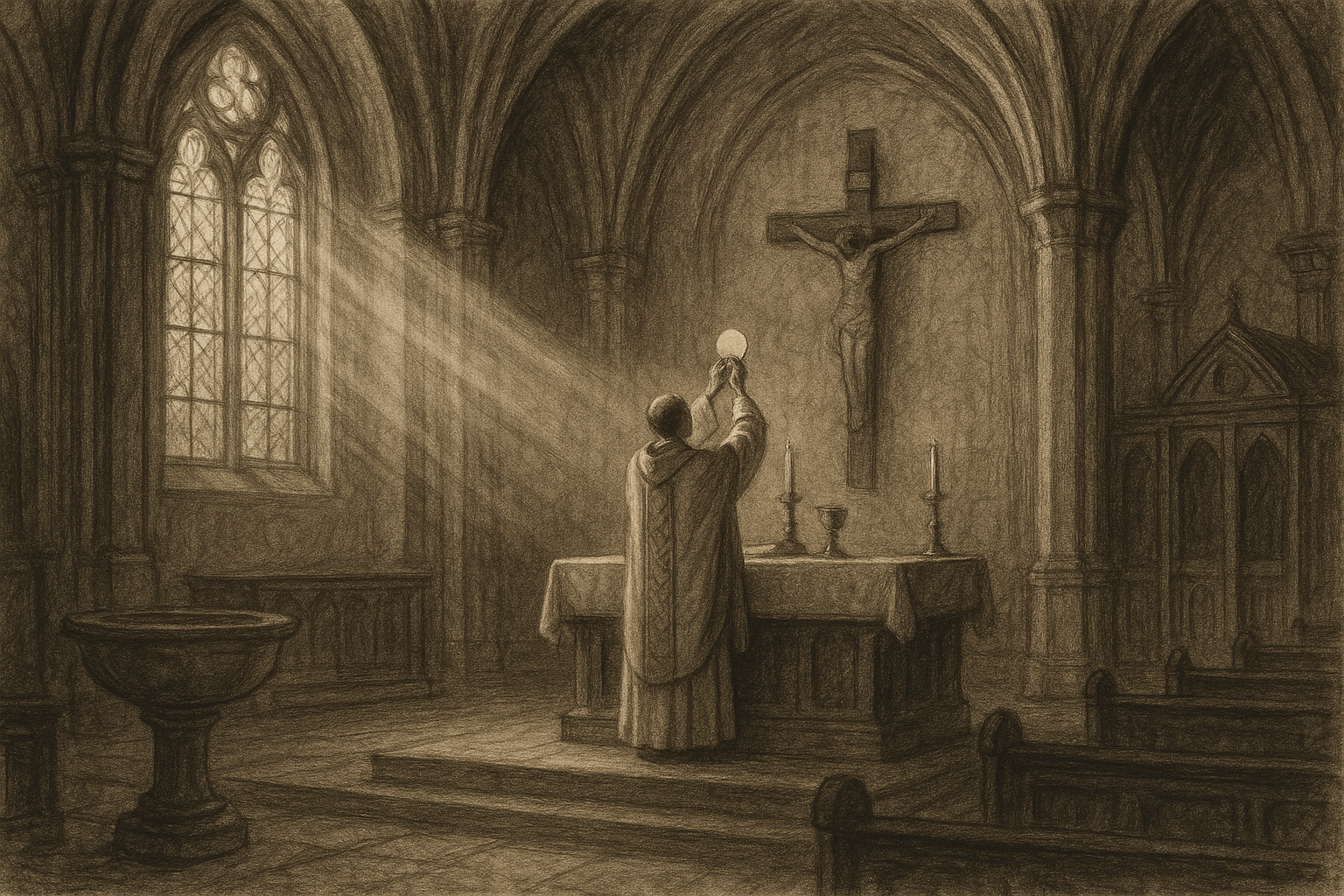 A reverent sketch of a Catholic liturgical scene showing Christ's grace active in the sacraments
