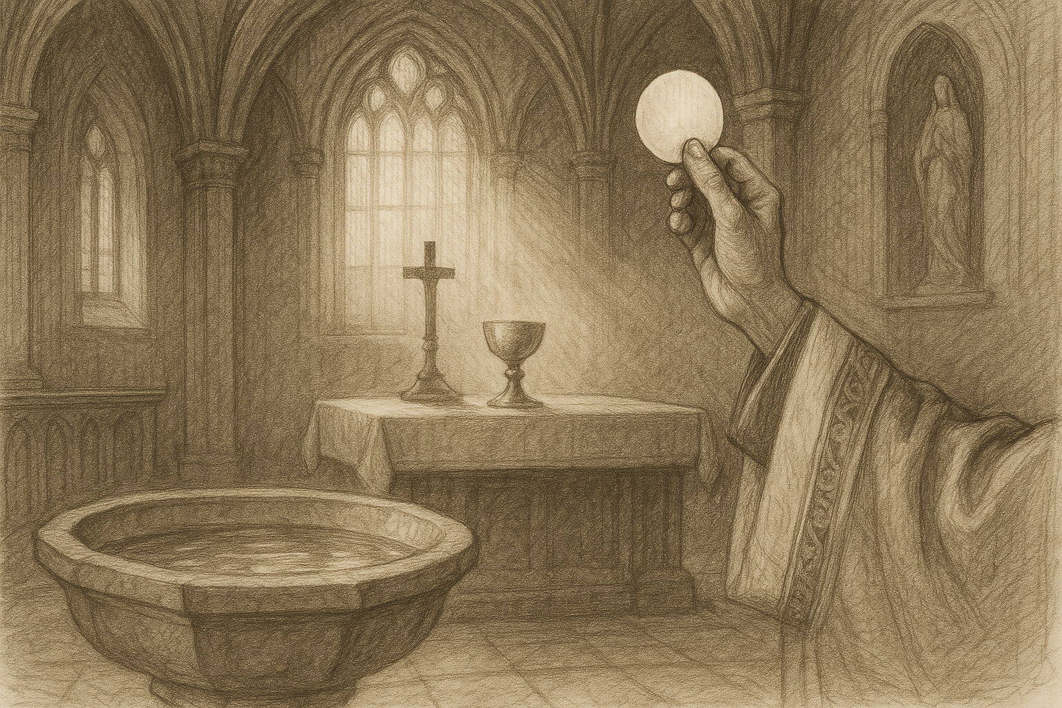 Sketch-style sacred scene showing baptismal water, the altar, and the Eucharist in a Catholic church