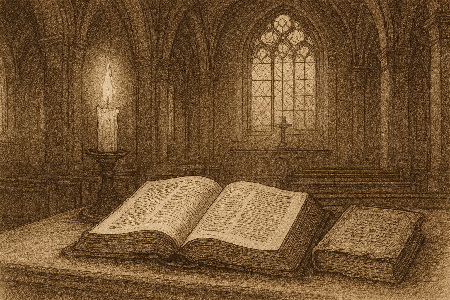 An open Bible and ancient manuscript on a church altar, symbolizing Scripture and Tradition in Catholic teaching