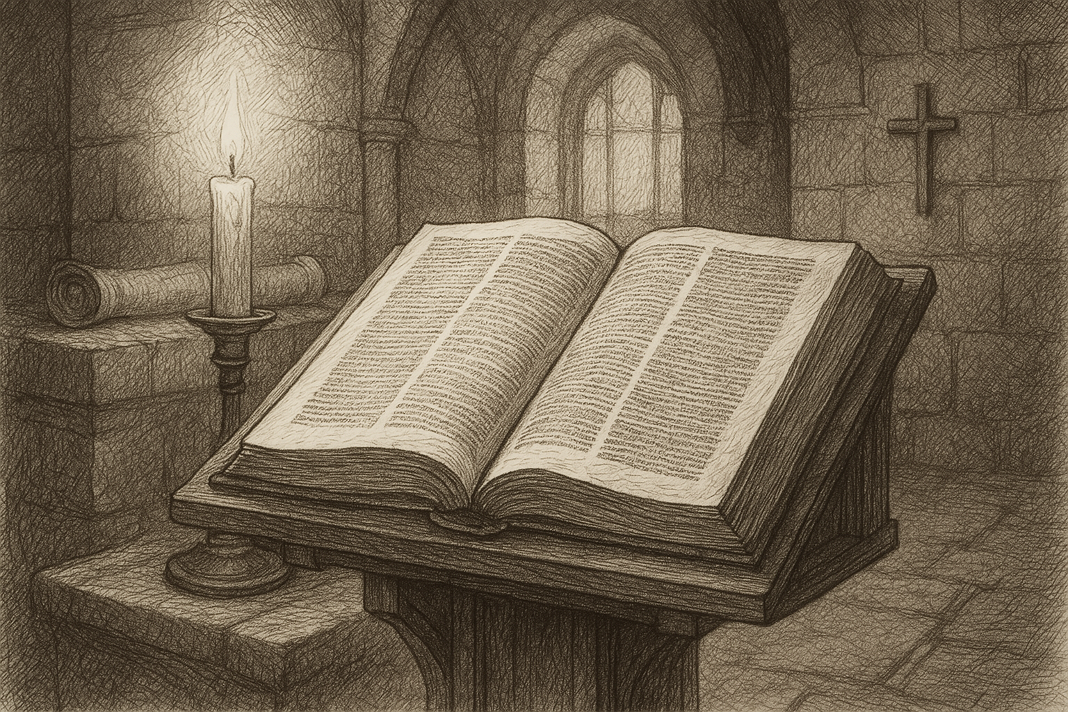 A reverent sketch of an open Bible on a lectern in a softly lit chapel
