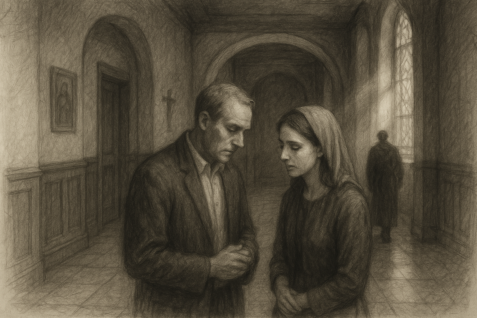 Sketch-style image of parishioners in a quiet church hallway symbolizing the moral weight of gossip