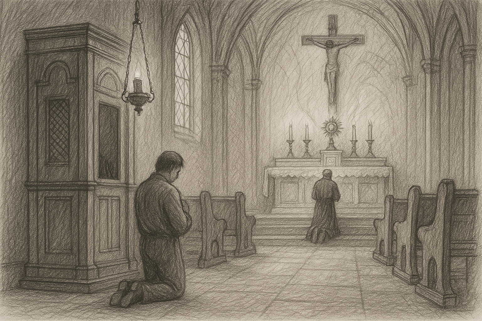 Sketch-style scene of a Catholic penitent praying in a church before the crucifix and altar