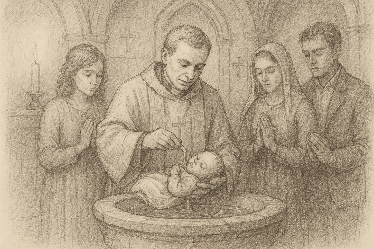 A reverent Catholic baptism scene with an infant at the baptismal font