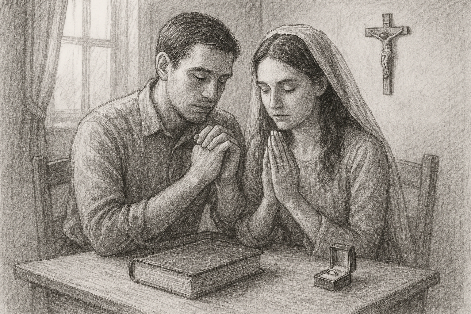 An engaged Catholic couple praying quietly in a modest home with a crucifix in the background.
