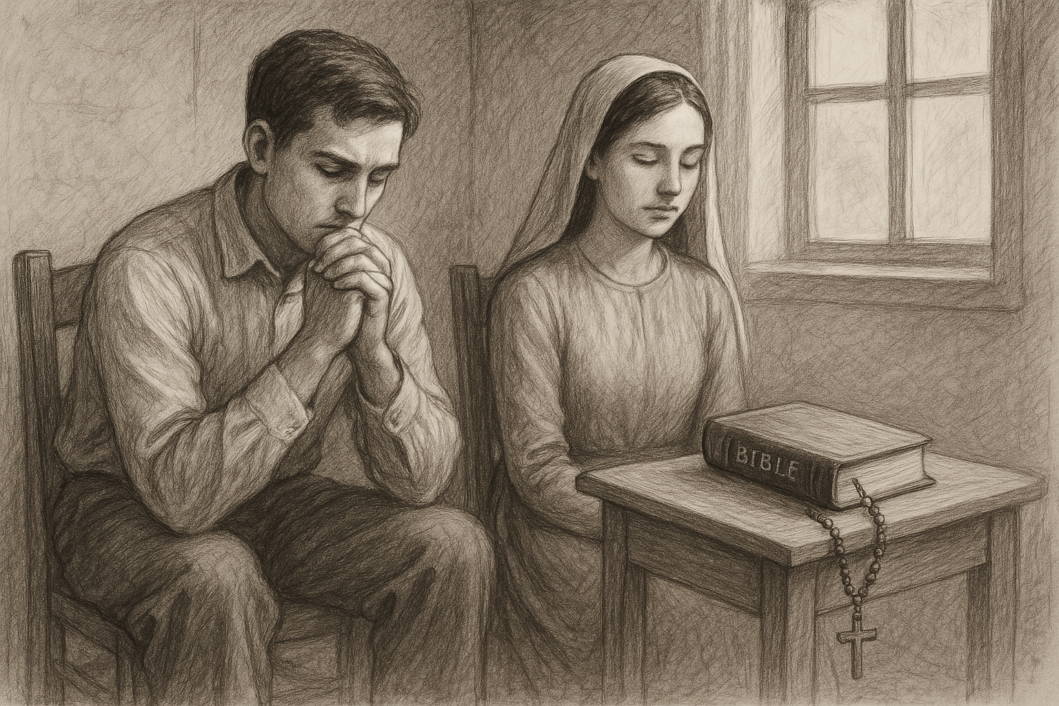 Sketch-style image of a Catholic couple praying and discerning marriage in a modest home