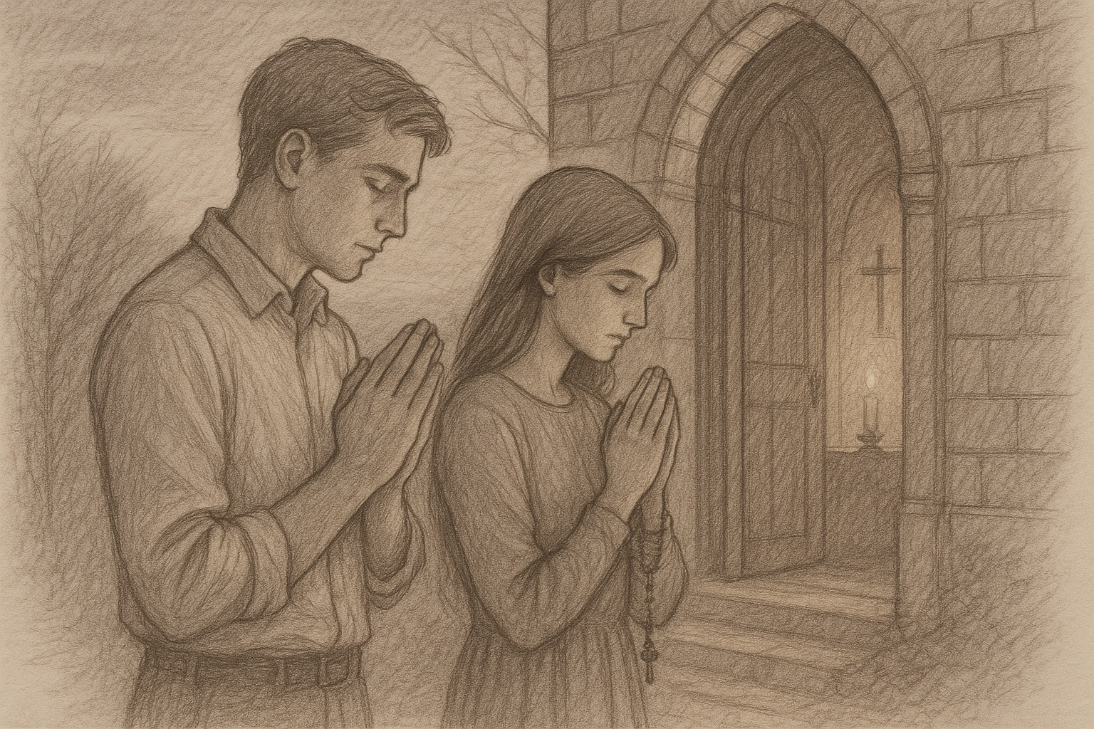 Sketch-style image of a Catholic couple praying near a church doorway, symbolizing chastity and discernment before marriage
