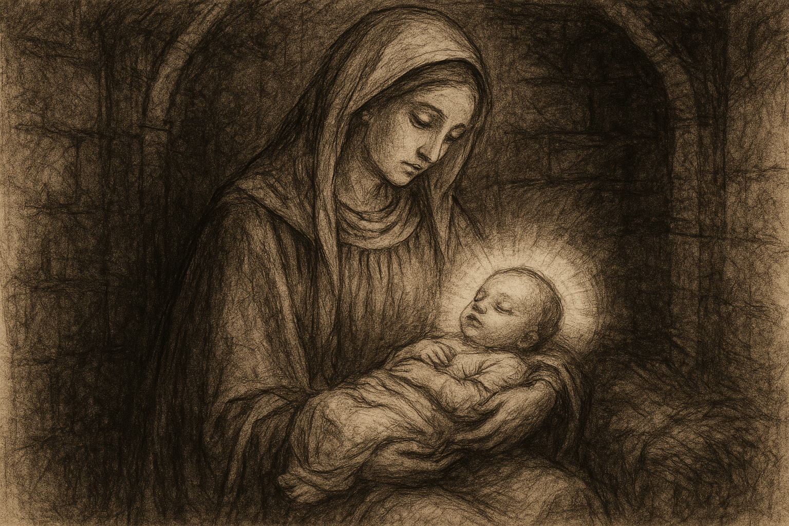 Sketch-style sacred image of Mary holding the infant Jesus in a reverent Bethlehem scene