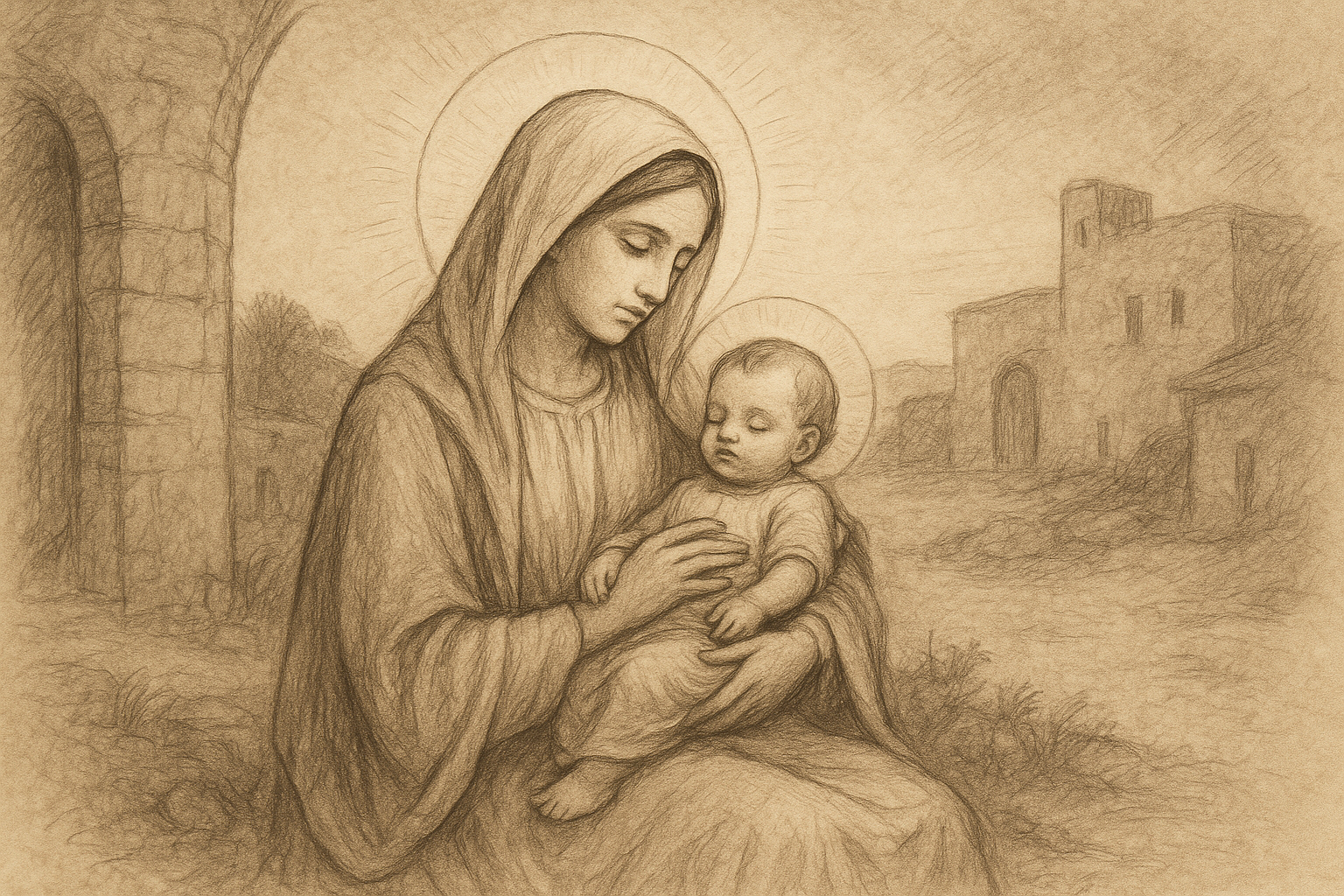 Sketch-style sacred illustration of Mary holding the infant Jesus in a reverent Bethlehem scene