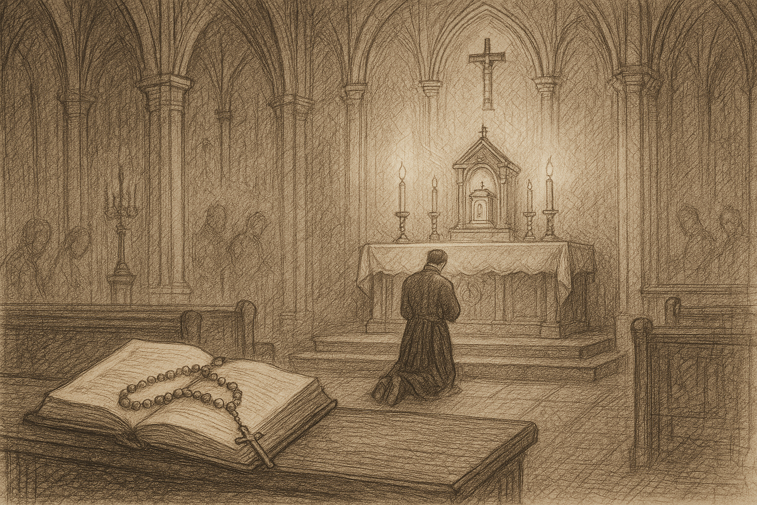 Sketch-style sacred scene of a priest kneeling in prayer before the altar with a rosary and a quiet chapel atmosphere
