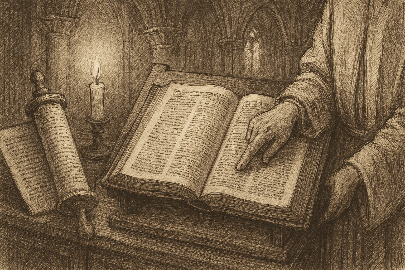 An open Bible beside an ancient Church manuscript in a candlelit cathedral setting