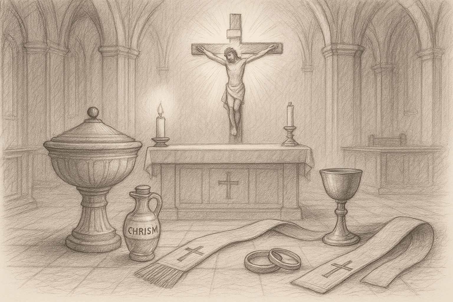 Sketch-style sacred still life of the seven sacraments in a Catholic church