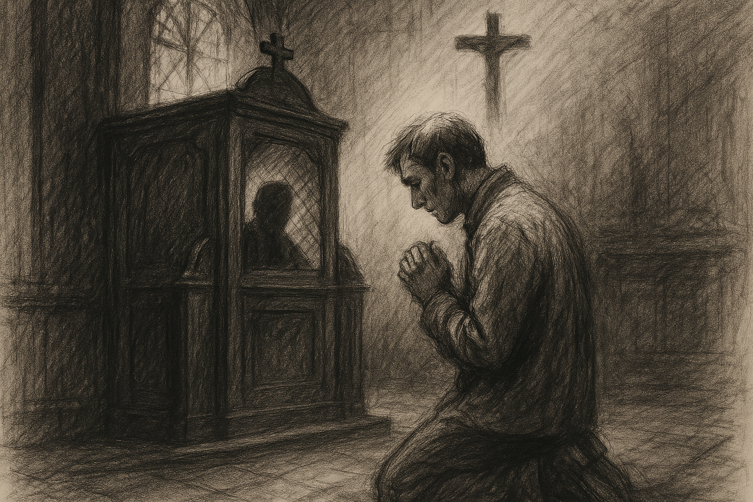 A kneeling penitent in a Catholic confessional with soft sacred light and a crucifix above