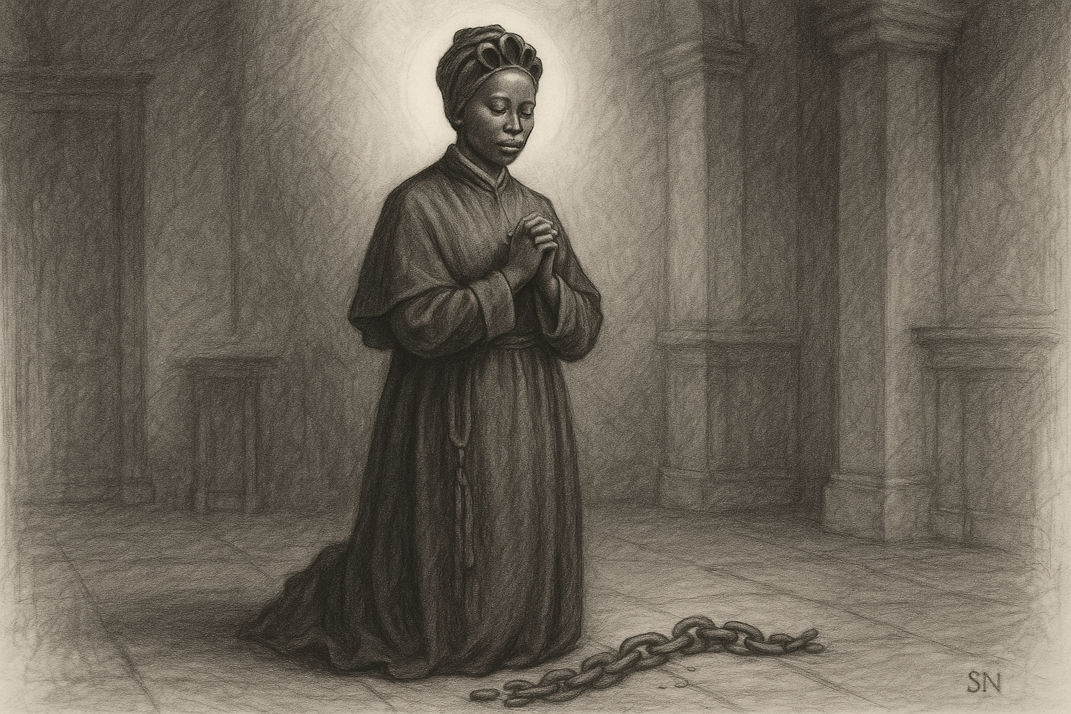 Sketch-style devotional image of St. Josephine Bakhita in prayer, symbolizing freedom and hope