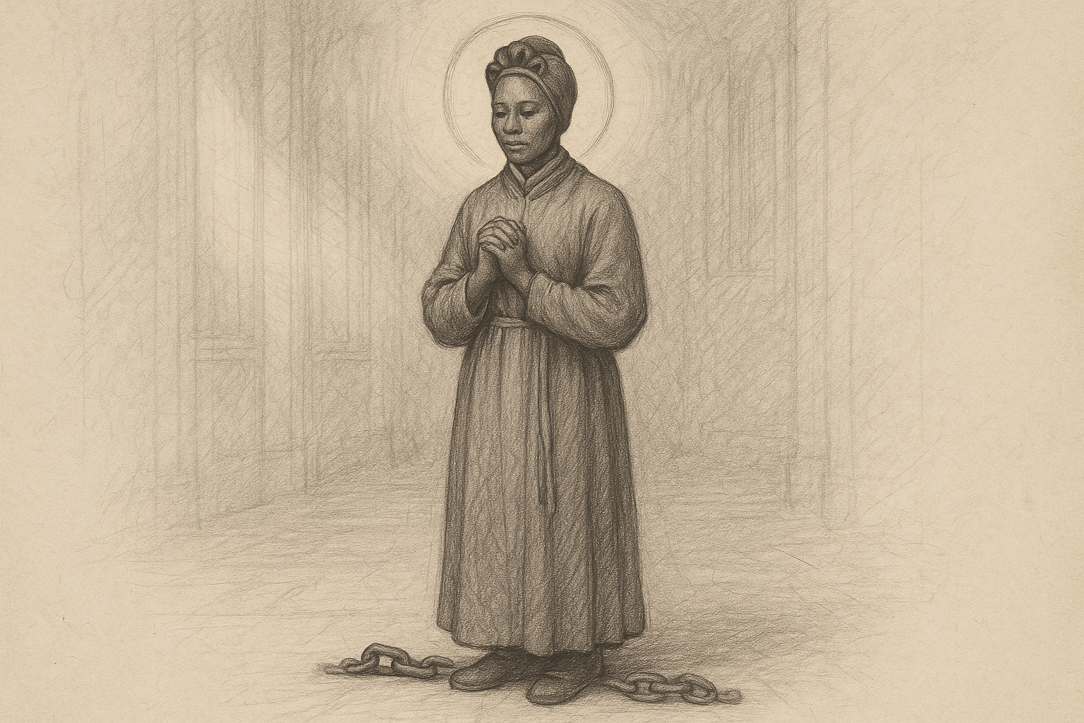 Sketch-style sacred illustration of St. Josephine Bakhita in prayer with symbolic broken chains and a quiet expression of hope