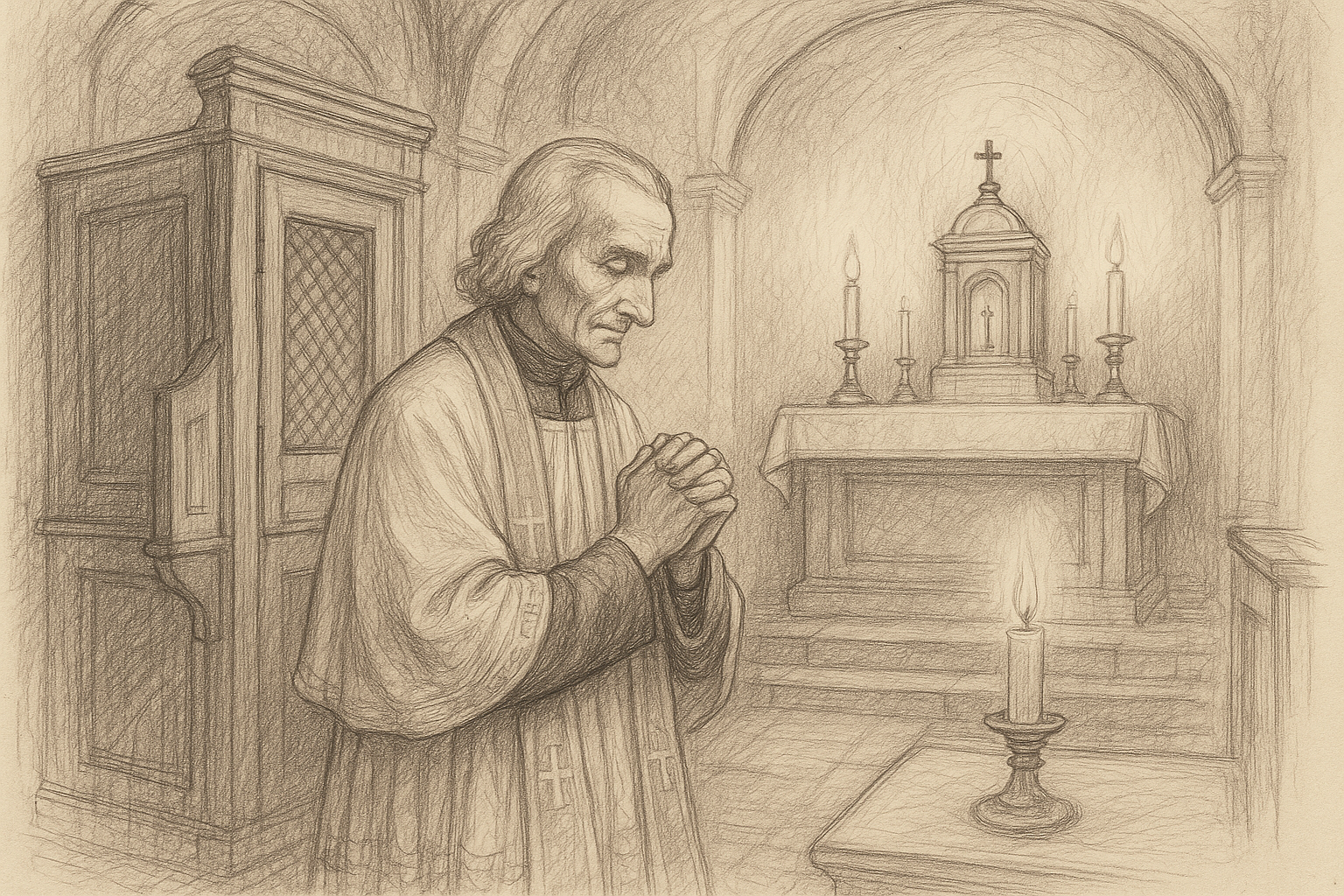 Sketch-style sacred illustration of St. John Vianney praying in a parish chapel