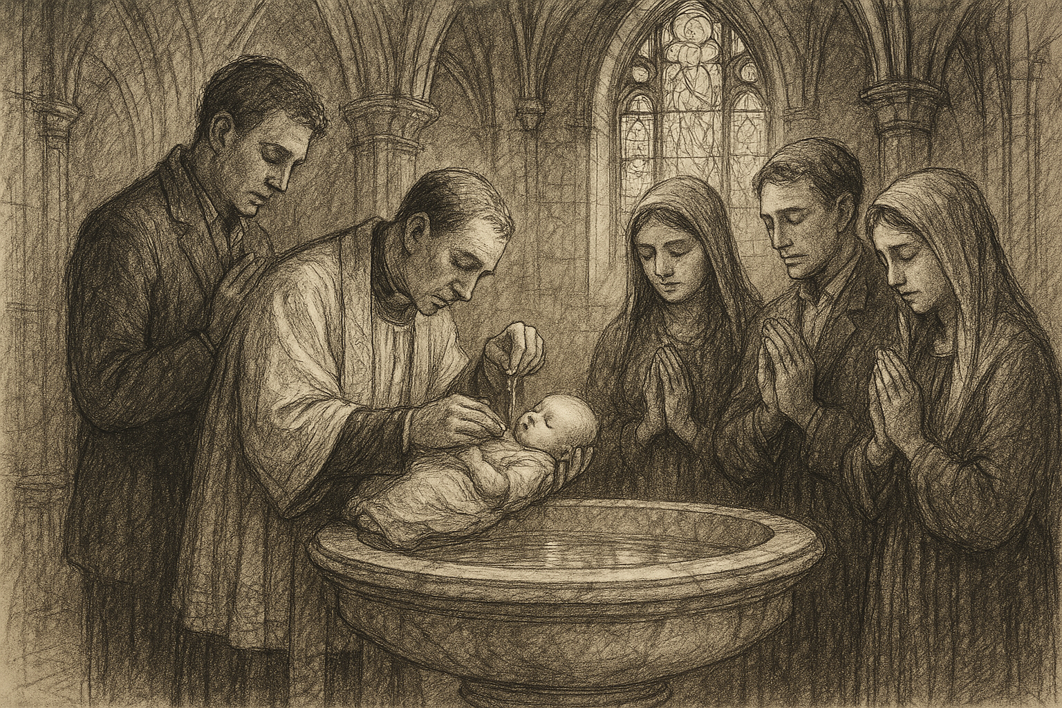 A priest baptizing an infant at a Catholic baptismal font with parents and godparents in prayer